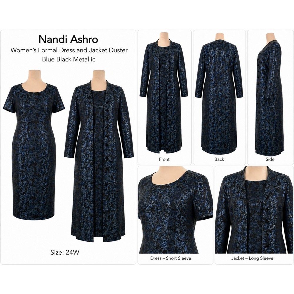 Ashro Nandi Blue Black Metallic Jacquard Formal Dress and Jacket Set Plus 24W